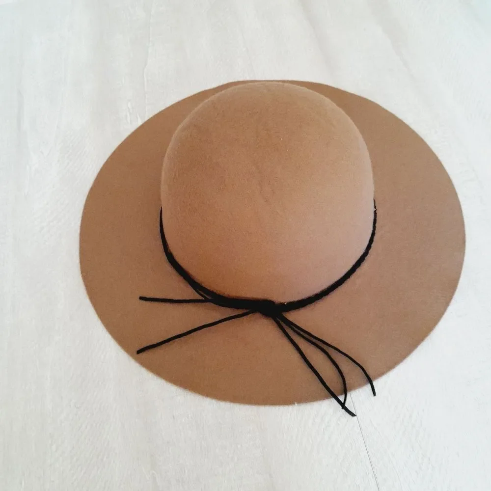 Wide Brim Hat Brown Tan 100% Wool Felt sz: OS
